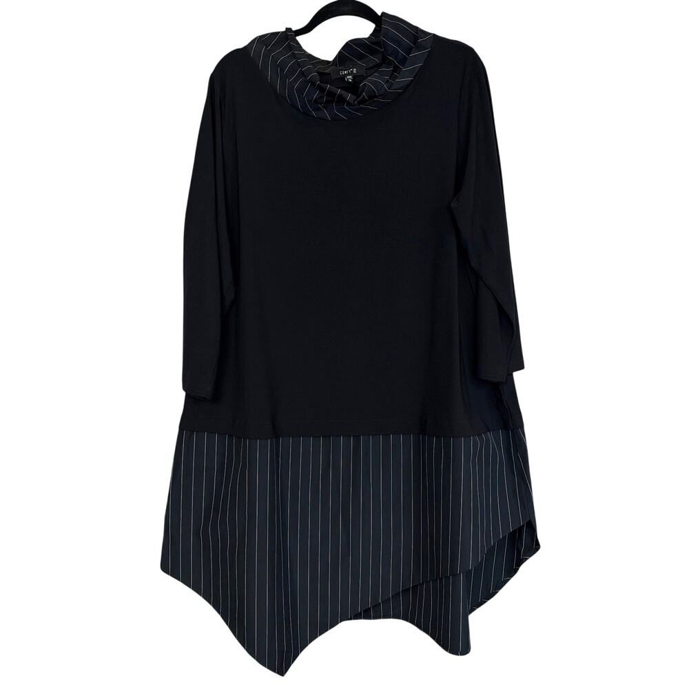 Comfy USA 1X Black White Pinstripe High Collar Asymmetric Midi Dress USA